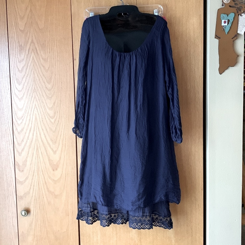 Prontomoda Giusy Italy silk navy blue scoop neck dress M sheer sleeves lace trim